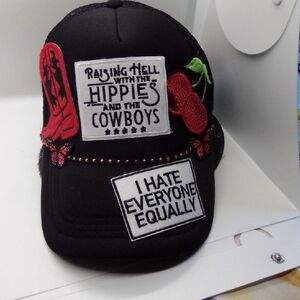 Hand Crafted Black Hat with Red and White Accents